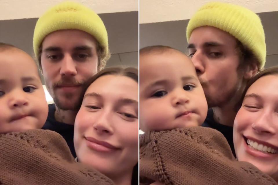 <p>Hailey Bieber/Instagram</p> Hailey and Justin Bieber pose for a photo with baby Lava 