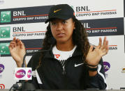 Tennis - WTA Premier 5 - Italian Open - Foro Italico, Rome, Italy - May 17, 2019 Japan's Naomi Osaka during a press conference after withdrawing from her quarter final match against Kiki Bertens of Netherlands due to injury REUTERS/Matteo Ciambelli