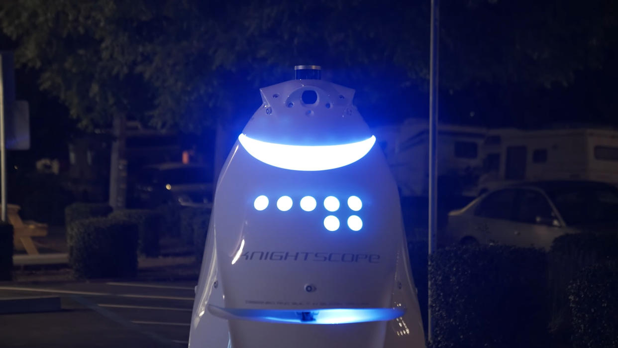  A YouTube screenshot from a video demonstrating the Knightscope K5 security robot. 