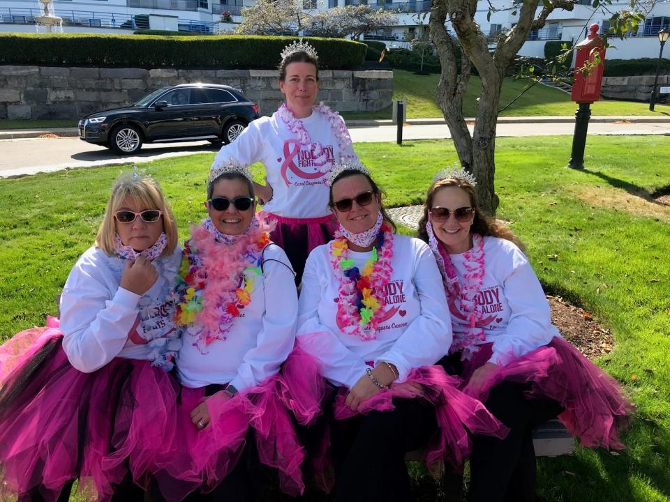 Members of the "Carol's Crew" Jimmy Fund Walk team are seen in Quincy, where they participated in a virtual version of the walk in 2021. Gormley, a Quincy resident and metastatic breast cancer patient, began participating in Jimmy Fund Walks in 1999 in honor of her father, who had cancer at the time. Seen here from left to right: Carol Kavanaugh, Carol Gormley, Janine Tardiff (standing), Paula Oldham and Barbara O'Malley.