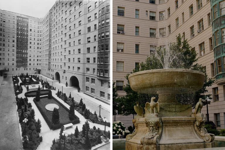 IZQUIERDA: Cuando se construyó el edificio, The New York Times promocionó el césped del patio como un espacio para "una veintena de niños para jugar". DERECHA: Gary Barnett, el desarrollador que compró el edificio en 1994, gastó $100 millones en restaurarlo y también resucitó la fuente a un costo enorme.