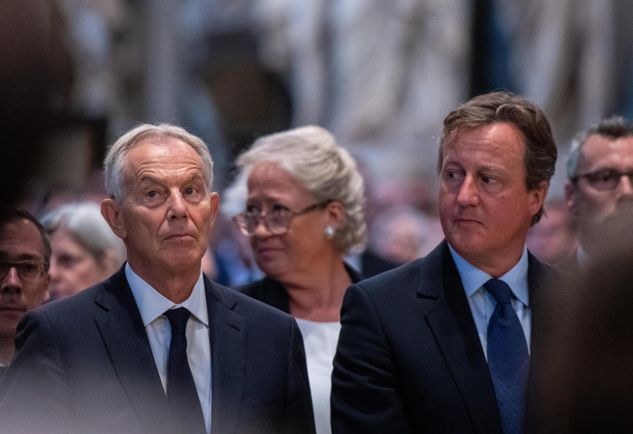 Former prime ministers Tony Blair and David Cameron during a Service of Thanksgiving for the life and work of Lord Ashdown at Westminster Abbey in London.