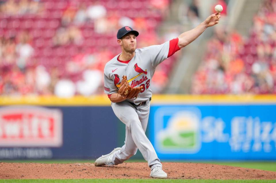 St. Louis Cardinals starting pitcher Steven Matz throws against the Cincinnati Reds during the second inning of Wednesday’s game in Cincinnati. Matz surrendered 11 hits and six earned runs in just four innings against the Reds as his 2023 earned run average jumped to 5.72.