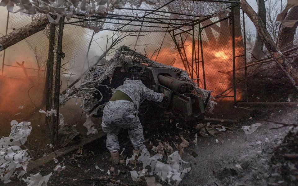 Ukrainian artillery fires on Russian positions in the direction of Bakhmut in Donetsk