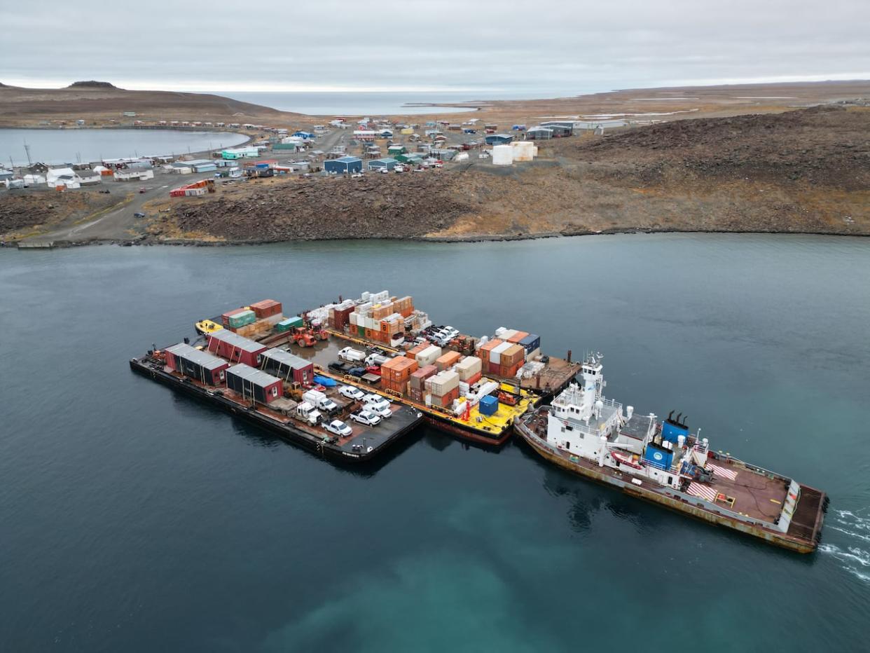 MTS's Henry Christoffersen vessel arrives in Ulukhaktok, N.W.T., in September 2023. In 2024, the barges will leave Tuktoyaktuk, N.W.T., to bring critical fuel and other dry goods to Arctic coastal and Mackenzie River communities. Typically the barges leave from Hay River, but low water levels are preventing barges from accessing communities north of Norman Wells. (N.W.T. government - image credit)