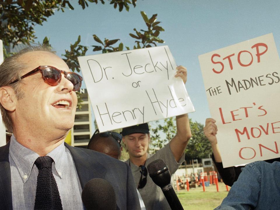 The actor Jack Nicholson speaks at an anti-impeachment rally at the Federal Building in Westwood, Los Angeles, on December 16, 1998. Nearly 1,000 people attended the star-studded rally supporting President Clinton.