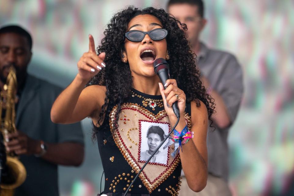 Olivia Dean on the Pyramid stage (Ben Birchall/PA Wire)