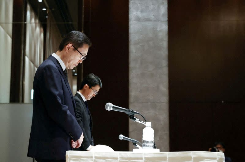 FILE PHOTO: Tomihiro Tanaka, president of Unification Church attends a news conference in Tokyo