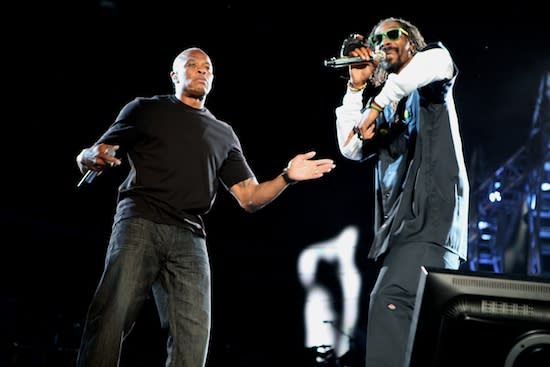 Snoop Dog and Dr. Dre perform together at Coachella. Cameo