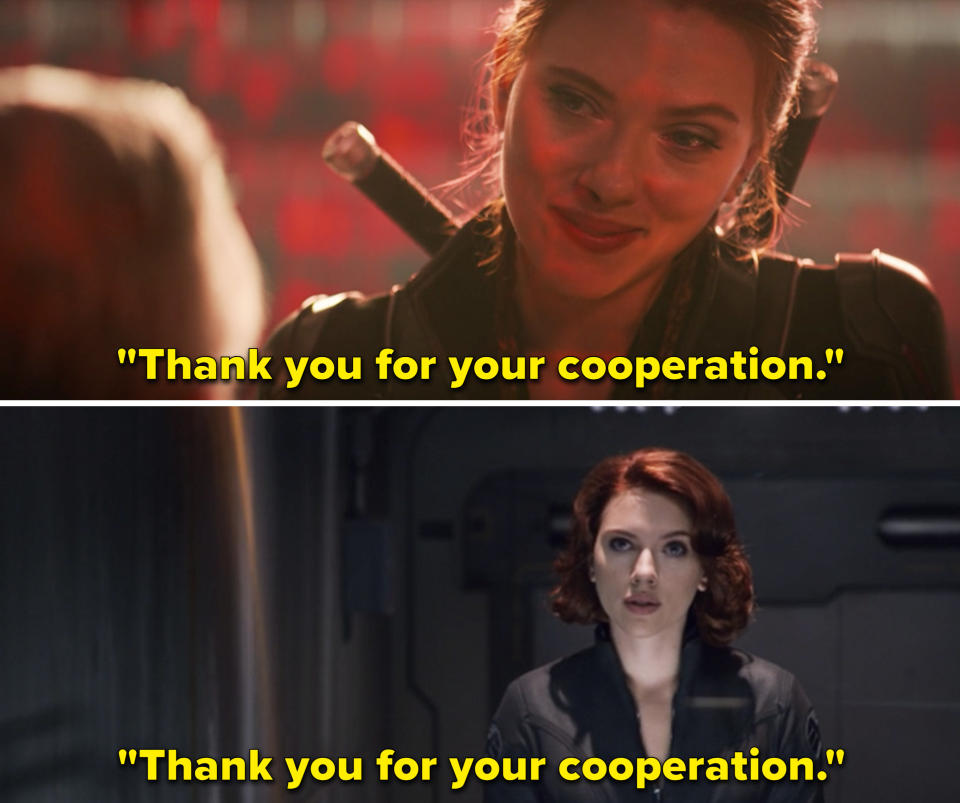 Natasha saying, "Thank you for your cooperation" in Black Widow vs. in The Avengers