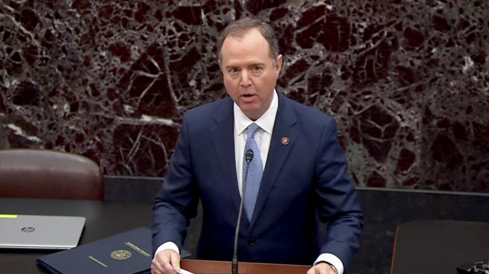 Impeachment Manager Rep. Adam Schiff reads the articles of impeachment on the floor of the Senate.(Screengrab: via Yahoo News Video)