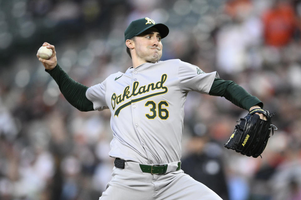 Oakland Athletics starting pitcher Ross Stripling throws during the second inning of a baseball game against the Baltimore Orioles, Friday, April 26, 2024, in Baltimore. (AP Photo/Nick Wass)