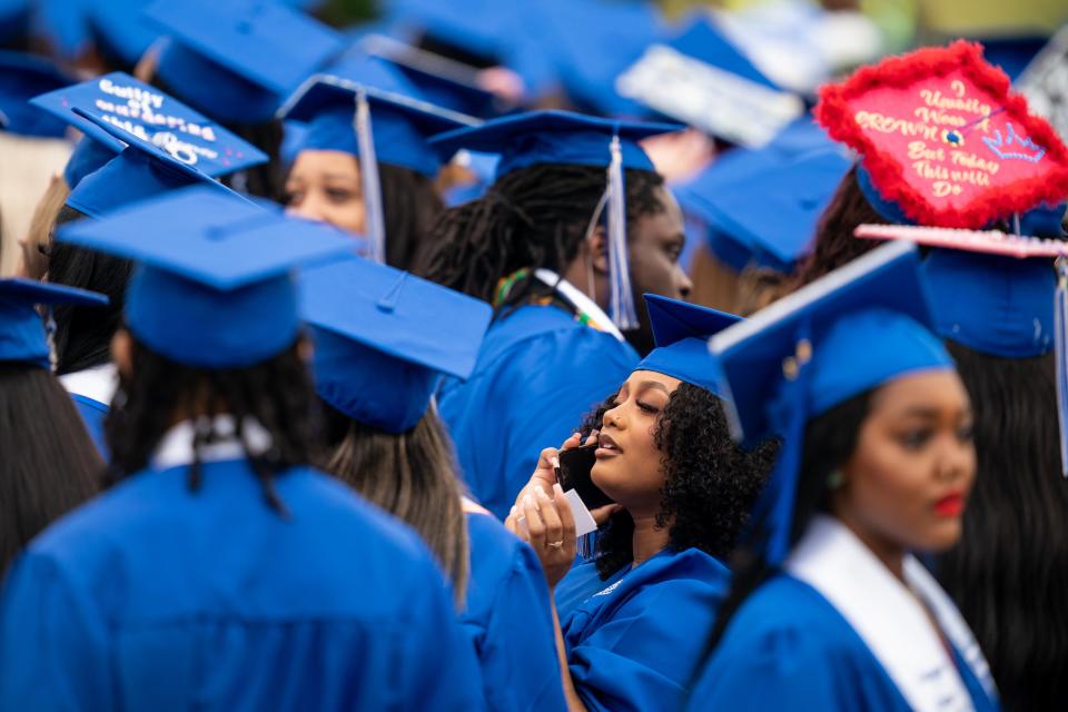 Tennessee State University graduates find their seats during the 2023 Spring commencement ceremony at Tennessee State University in Nashville, Tenn., Saturday, May 6, 2023.