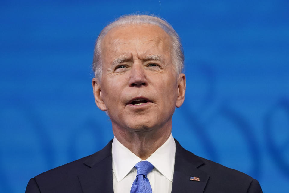 President-elect Joe Biden speaks after the Electoral College formally elected him as president, Monday, Dec. 14, 2020, at The Queen theater in Wilmington, Del. (AP Photo/Patrick Semansky)