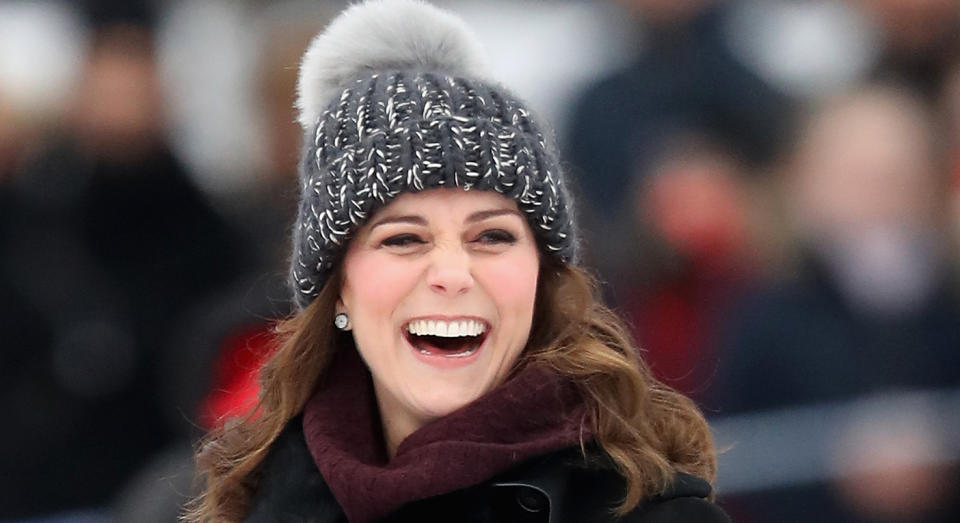 The Duchess of Cambridge appears to have a penchant for knitted beanie hats as she sported a grey number during a royal visit to Sweden in 2018.  (Getty Images)