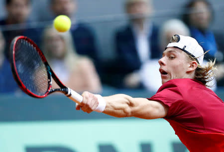 Tennis - Davis Cup - World Group First Round - Croatia v Canada - Gradski Vrt, Osijek, Croatia - February 4, 2018. Denis Shapovalov of Canada in action during his match against Borna Coric of Croatia. REUTERS/Antonio Bronic