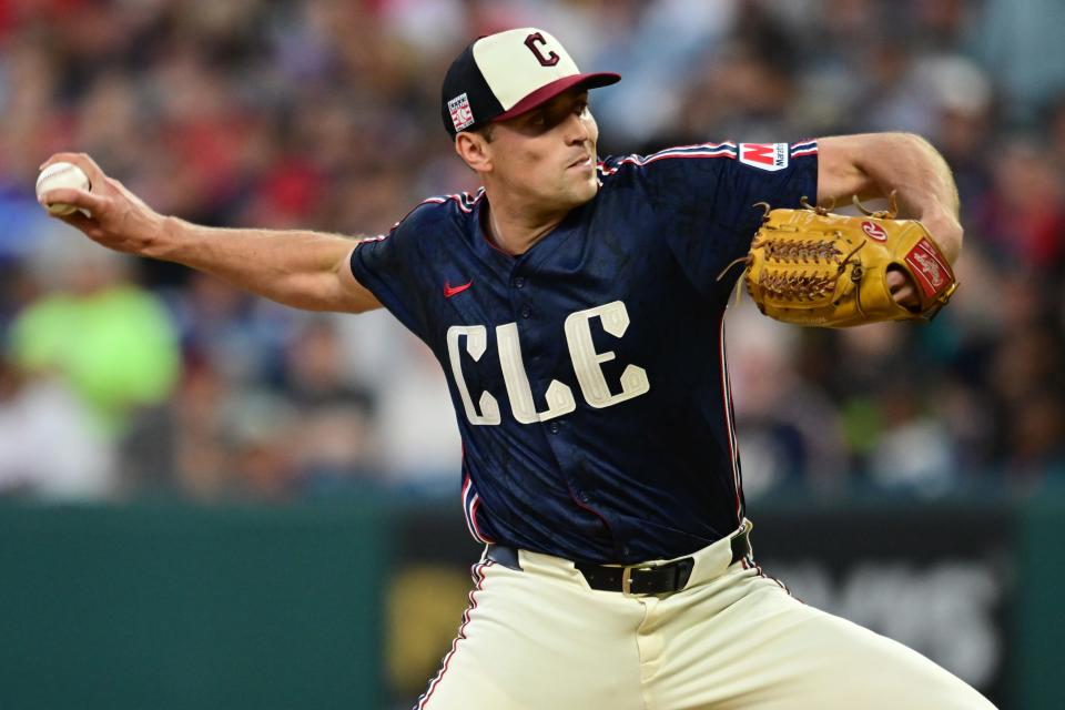 Cleveland Guardians reliever Cade Smith (36) throws a pitch against the San Diego Padres on July 19 in Cleveland.