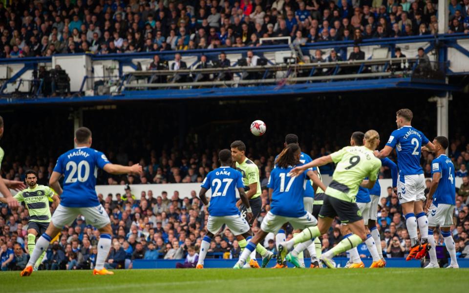 Manchester City's Ilkay Gundogan scores the third goal making the score 3-0 during the English Premier League - Peter Powell/EPA-EFE/Shutterstock