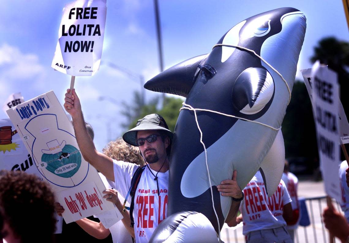 In this file photo from Aug. 8, 2001, Leor Veleanu of Hollywood protests the captivity of Lolita at the Miami Seaquarium.