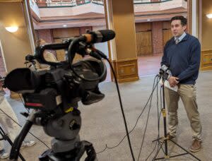 NSEA President-elect Tim Royers of Omaha speaks about a new second effort to gather signatures to stop a school choice measure that was changed enough this year by lawmakers to require a second push to stop it at the ballot box. (Aaron Sanderford/Nebraska Examiner)