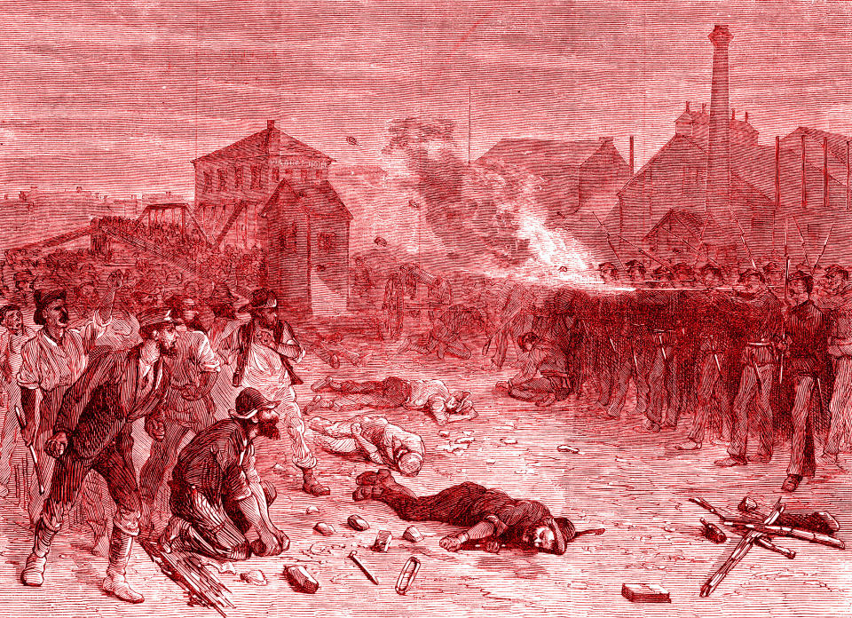 An illustration depicts the 1877 Great Railroad Strike, when soldiers fire on the crowd during a riot at the Halsted Street viaduct in Chicago. (Photo: Illustration: Damon Dahlen/HuffPost; Photos: Getty Images)