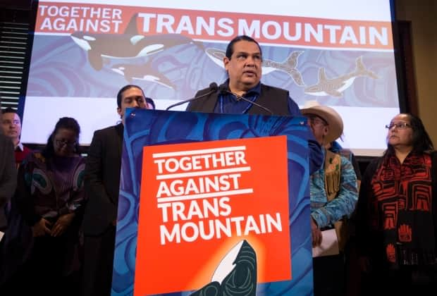 Rueben George and other Indigenous leaders comment on the Trans Mountain pipeline decision by the Federal Court of Appeal, in Vancouver on Feb. 4, 2020.