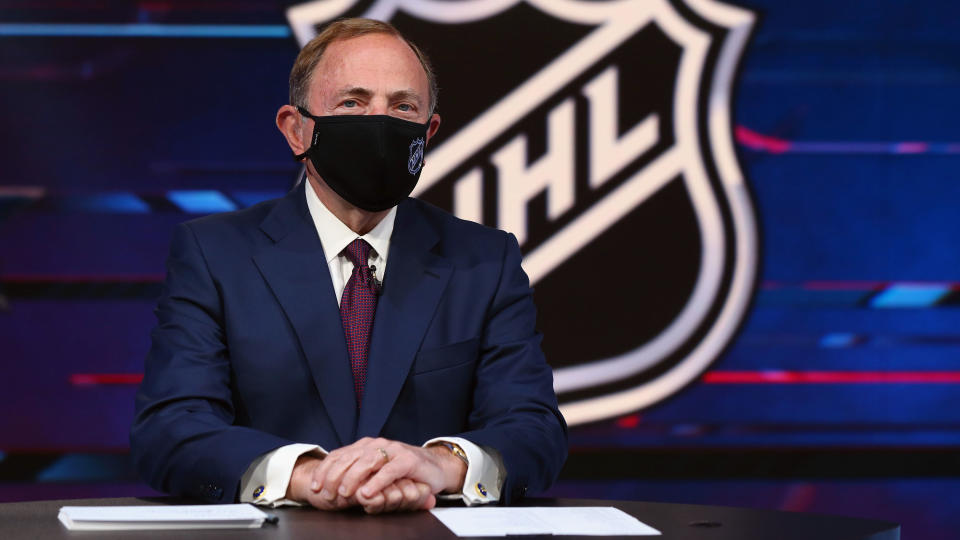 SECAUCUS, NEW JERSEY - OCTOBER 06: NHL commissioner Gary Bettman prepares for the first round of the 2020 National Hockey League Draft at the NHL Network Studio on October 06, 2020 in Secaucus, New Jersey. (Photo by Mike Stobe/Getty Images)