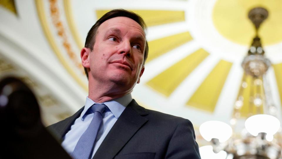 PHOTO: Sen. Chris Murphy (D-CT) speaks at a news conference after a weekly policy luncheon with Senate Democrats at the U.S. Capitol Building on Feb. 06, 2024 in Washington, DC.  (Anna Moneymaker/Getty Images)