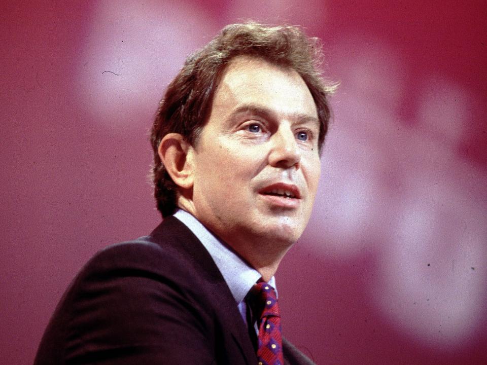 Labour party leader & Prime Minister Tony Blair gives the keynote address at the Labour party conference in 1997.