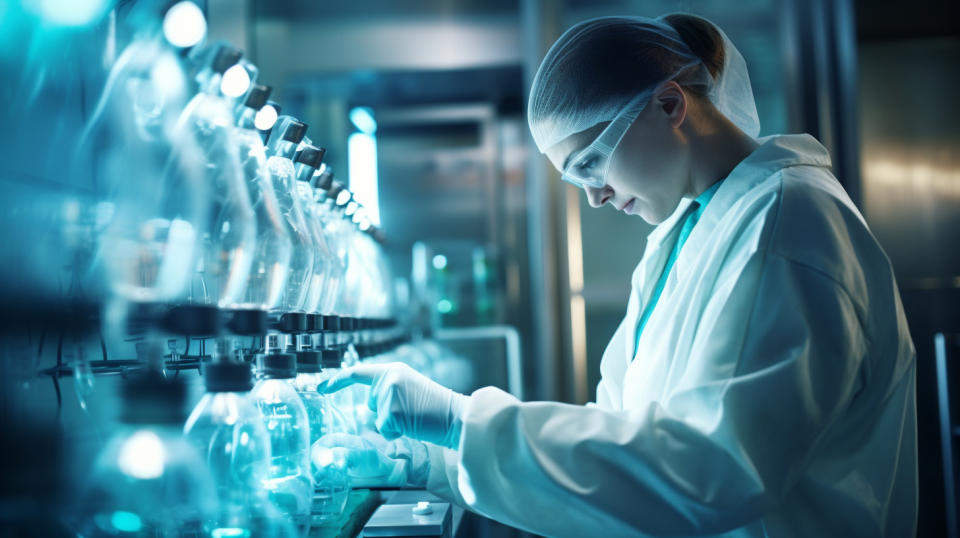 A researcher in a laboratory coat working with laboratory equipment for nucleic acids.