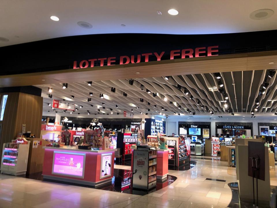 A Lotte Duty Free sign in the A.B. Won Pat International Airport.