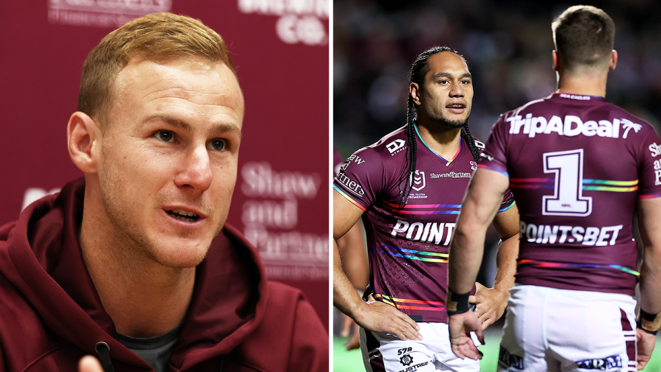 Manly Sea Eagle captain Daly Cherry-Evans (pictured left) in a press conference and (pictured right) Manly players wearing a rainbow jersey.