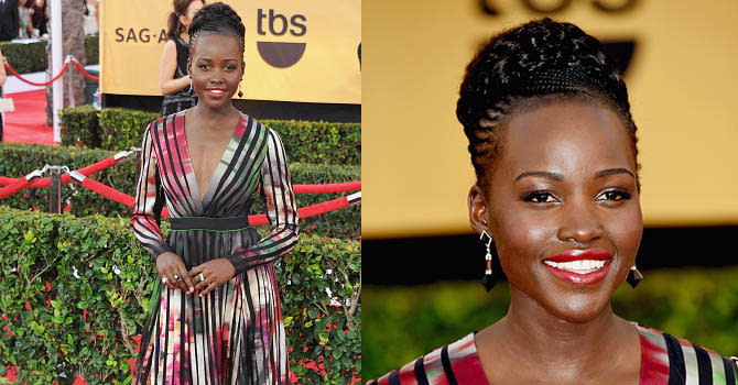 Lupita Nyong’o at the 2015 SAG Awards in Fred Leighton pendant earrings. Photo by Jon Kopaloff/FilmMagic