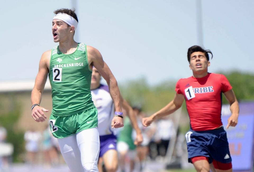 Breckenridge's Chase Lehr celebrates after winning the 800-meter run at the Region I-3A track and field meet at Abilene Christian University on April 30.