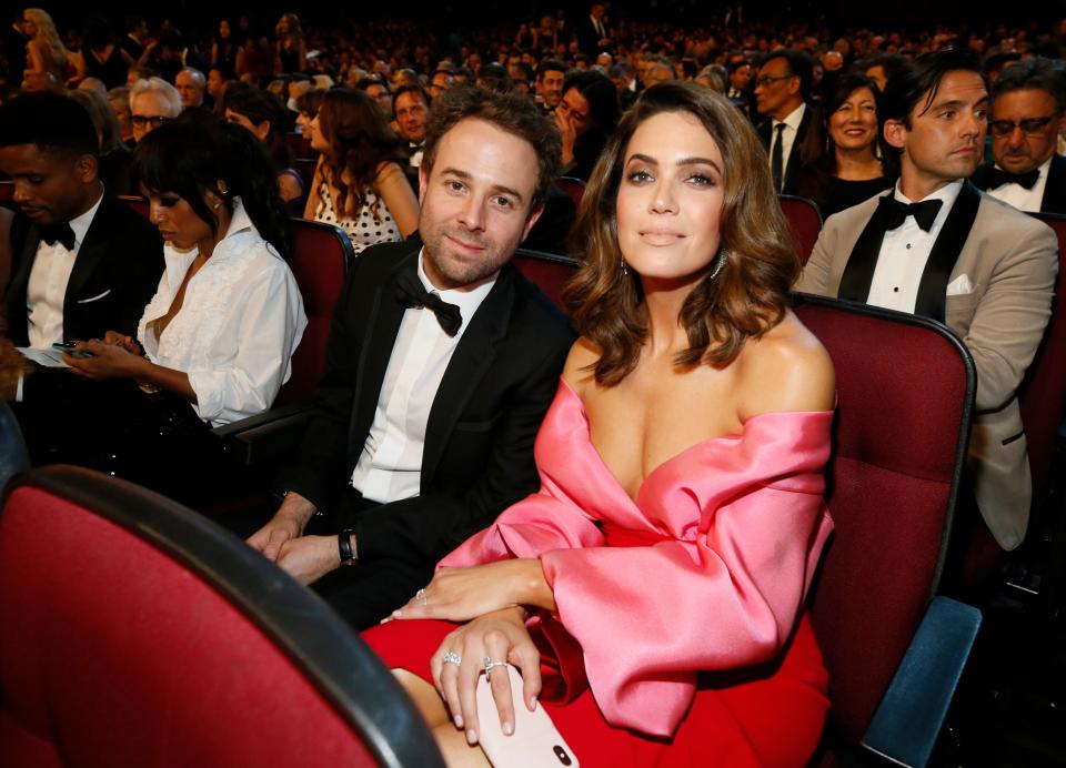 Taylor Goldsmith, left, and "This is Us" star Mandy Moore in the audience at the 71st Primetime Emmy Awards on Sept. 22, 2019, in Los Angeles.