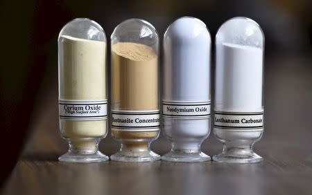 Samples of rare earth minerals from left, Cerium oxide, Bastnasite, Neodymium oxide and Lanthanum carbonate are on display during a tour of Molycorp's Mountain Pass Rare Earth facility in Mountain Pass, California in this June 29, 2015 file photo. REUTERS/David Becker/Files