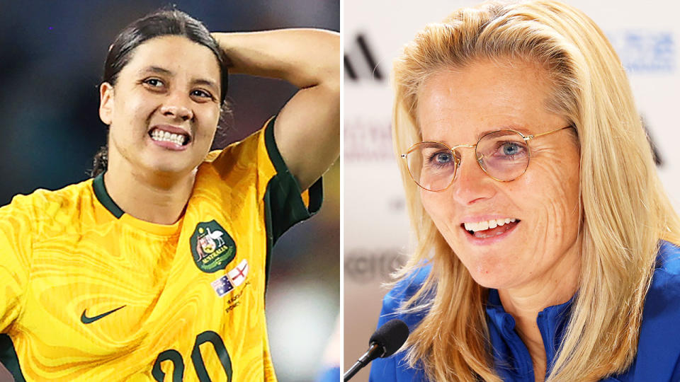 Pictured right is England's coach Sarina Wiegman and Sam Kerr on left.