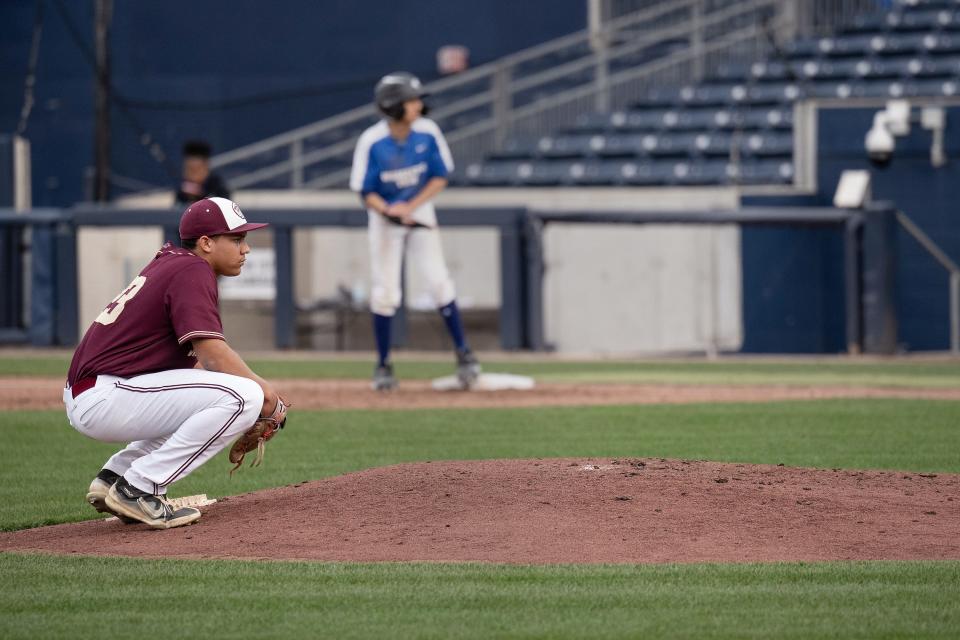 Shepherd Hill's Angel Paulino takes a moment to collect himself after hitting a Worcester Tech batter with a pitch Tuesday at Polar Park. Paulino went on the throw a no-hitter.