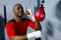 In this April 10, 2014 photo, IBF light heavyweight boxing champion Bernard Hopkins works a speed bag during a media workout in Philadelphia. Hopkins will attempt to become the oldest fighter in boxing history to unify world titles when he opposes WBA champion Beibut Shumenov April 19th at the DC Armory. (AP Photo/Matt Rourke)