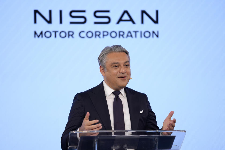 Luca de Meo, CEO of Renault Group speaks during a Renault Nissan Mitsubishi press conference in London, Monday, Feb. 6, 2023. (AP Photo/Kirsty Wigglesworth)