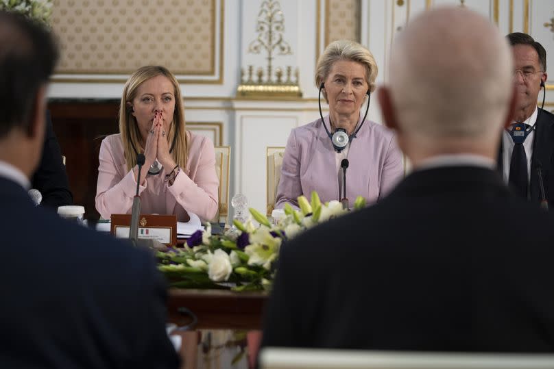 Italian PM Giorgia Meloni, European Commission President Ursula von der Leyen, and Dutch PM Mark Rutte meet with Tunisian President Kais Saied in Tunis, June 2023