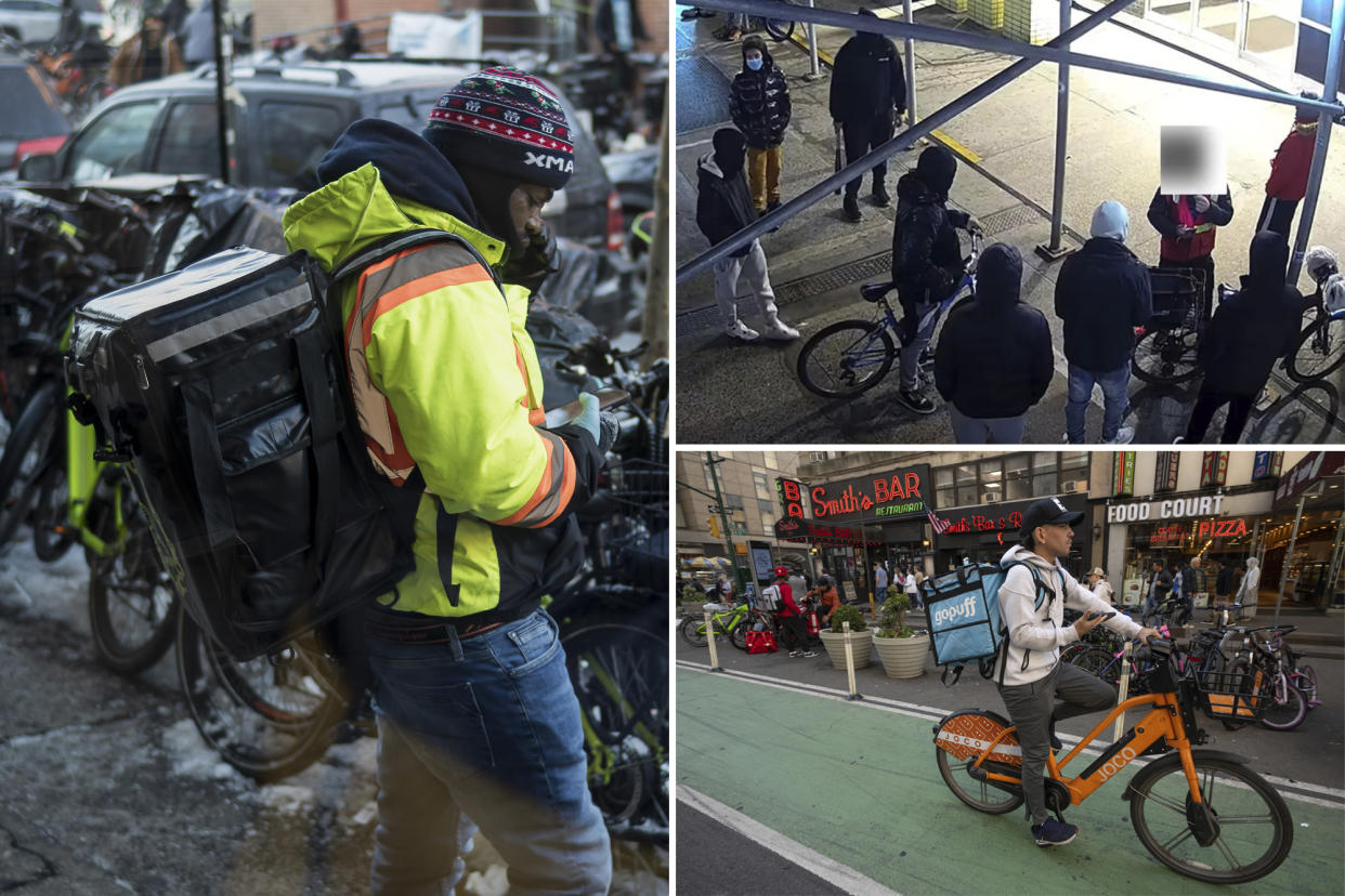 composite image: left food delivery worker in bright neon yellow jacket with a backpack on upper right people on bicycles with warm coats on lower right a food delivery worker on an orange bike with a blue box of food strapped to his back
