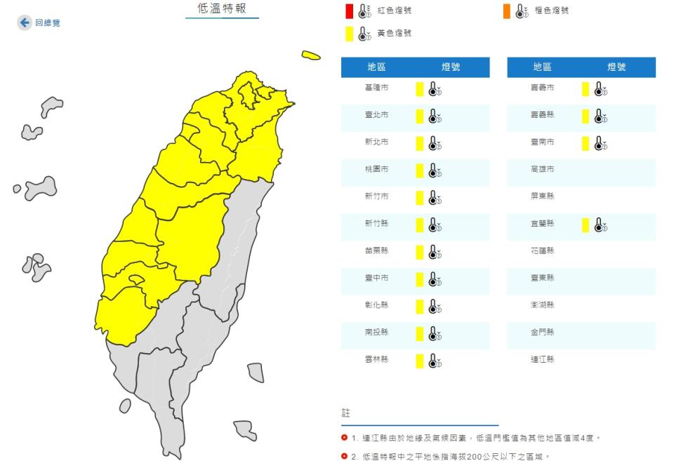 15縣市低溫特報(取自氣象局網站)