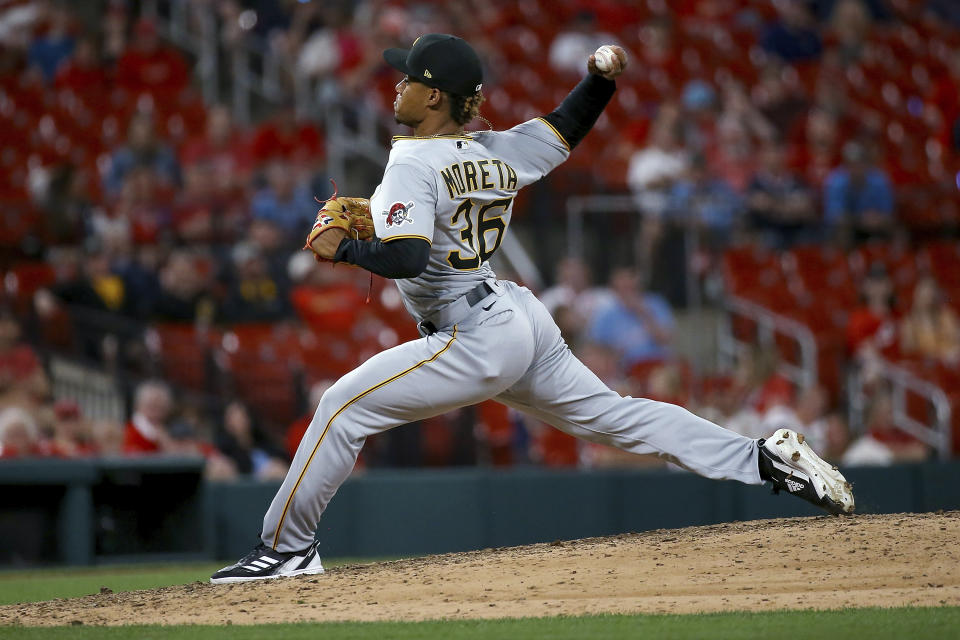 Pittsburgh Pirates relief pitcher Dauri Moreta throws during the ninth inning of the team's baseball game against the St. Louis Cardinals on Thursday, April 13, 2023, in St. Louis. (AP Photo/Scott Kane)