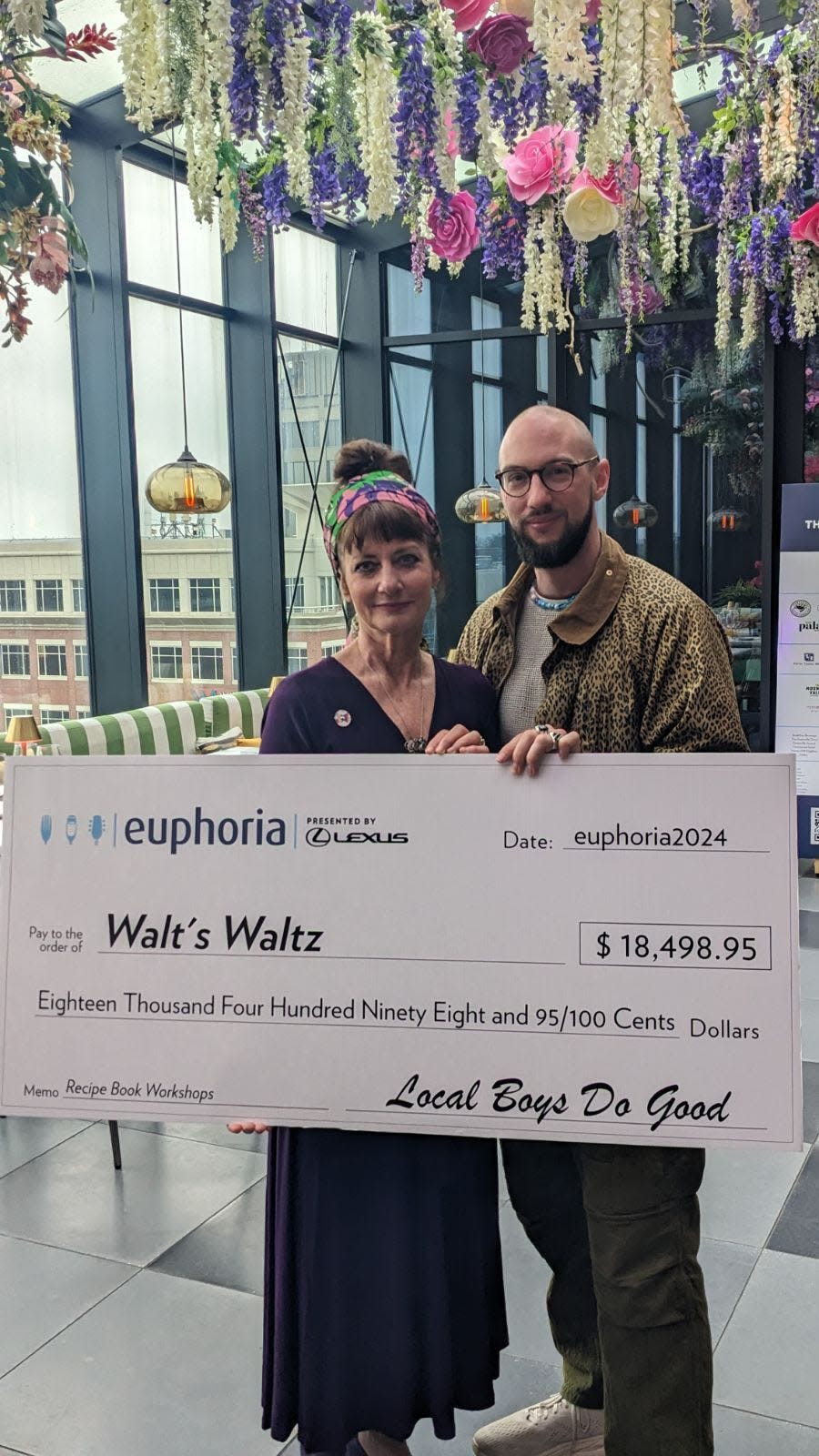 Walt's Waltz recieved a grant from euphoria. Susan Fischer Crooks and Will Crooks with the ceremonial check.