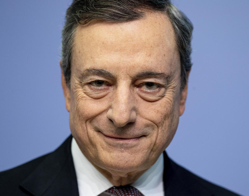 FILE-- President of European Central Bank Mario Draghi looks on prior to a press conference following a meeting of the governing council in Frankfurt, Germany, Thursday, July 25, 2019. Italian President Sergio Mattarella has summoned Tuesday, Feb. 2, 2021, former European Central Bank President Mario Draghi at the Quirinale Presidential Palace on Wednesday for talks, after two rounds of talks failed to seal an agreement among parties on a new premiership for the outgoing Giuseppe Conte. (AP Photo/Michael Probst)