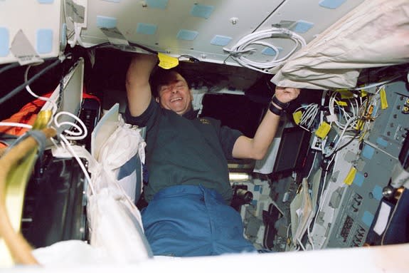 Ilan Ramon, STS-107 payload specialist representing the Israeli Space Agency, is pictured on the aft flight deck of the Space Shuttle Columbia.