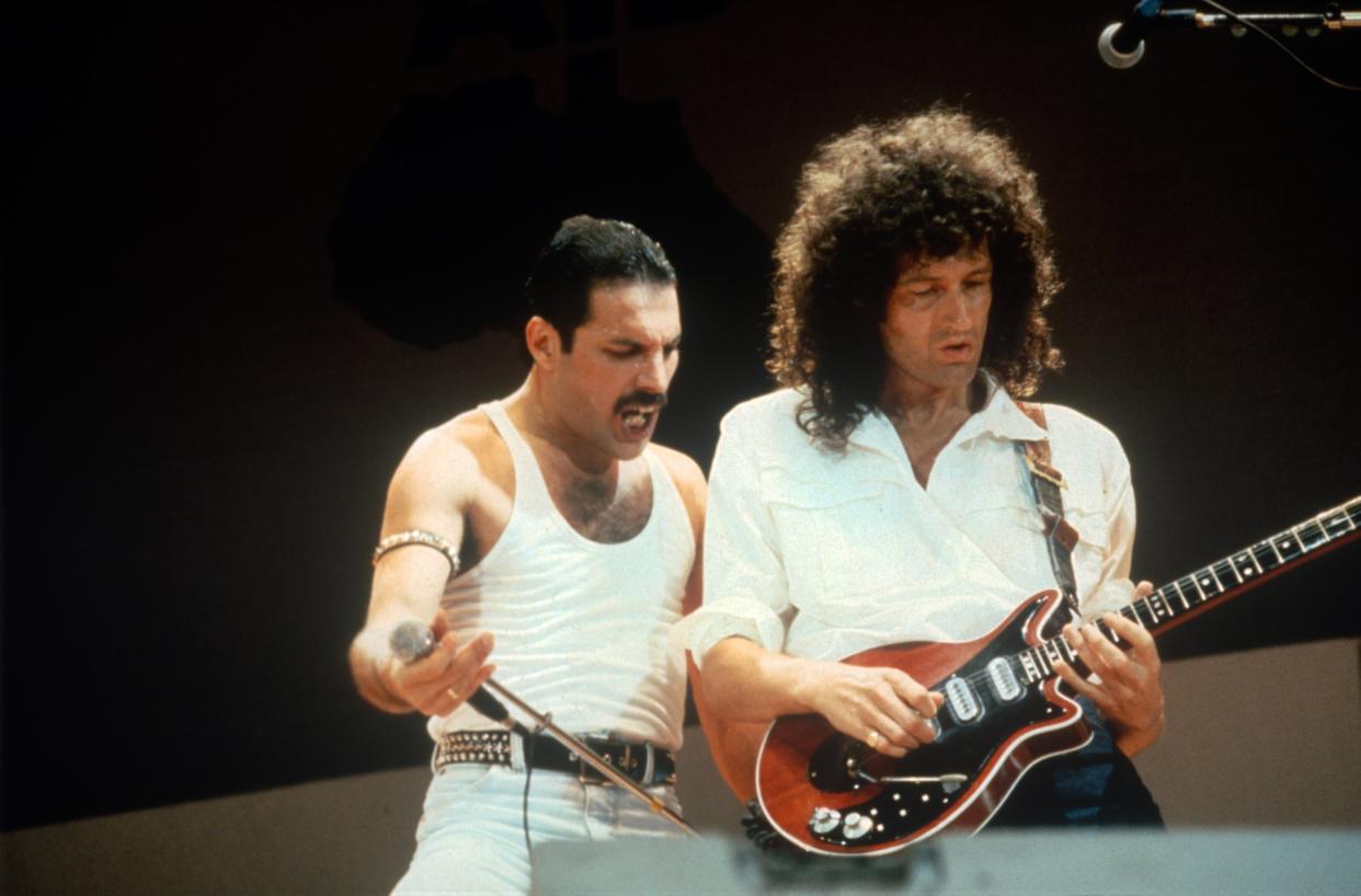Freddie Mercury and Brian May from Queen at Live Aid on July 13, 1985 (Credit: FG/Bauer-Griffin/Getty Images)
