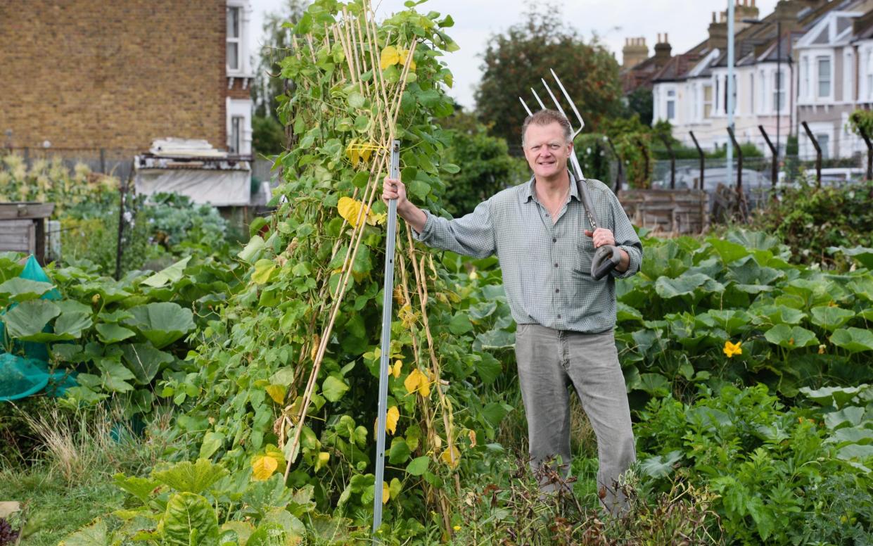 Ben Travers at his allotment - Andrew Crowley for The Telegraph