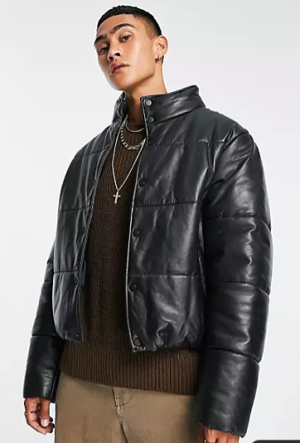 black leather puffer jacket